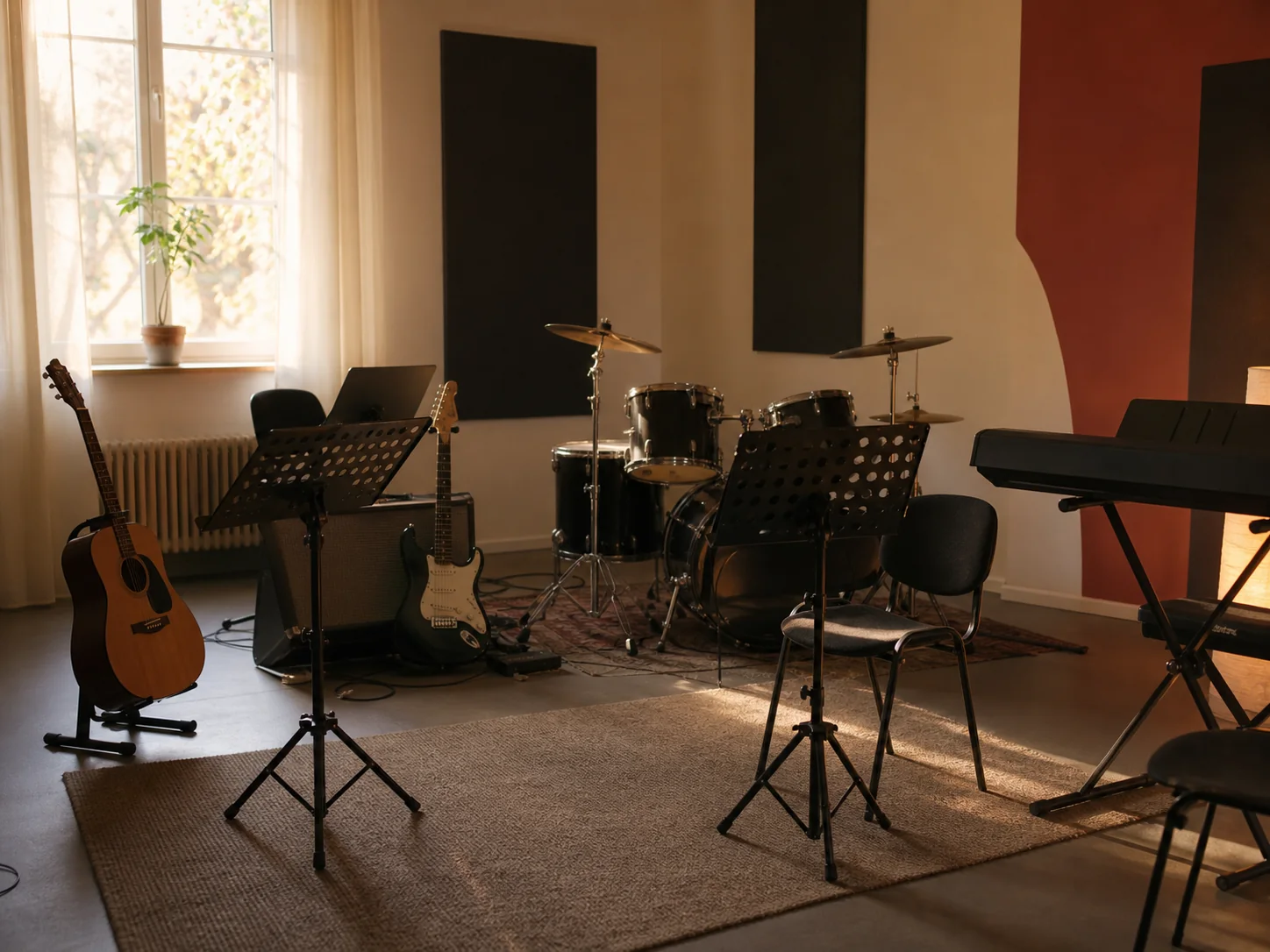 Musikinstrumente in einem vorbereiteten Proberaum